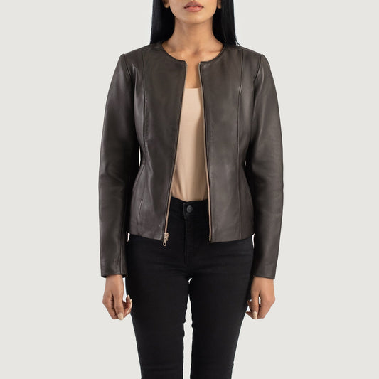 Front view of the Elixir brown leather jacket featuring a modern collarless neckline, central zipper closure, and open hem cuffs.