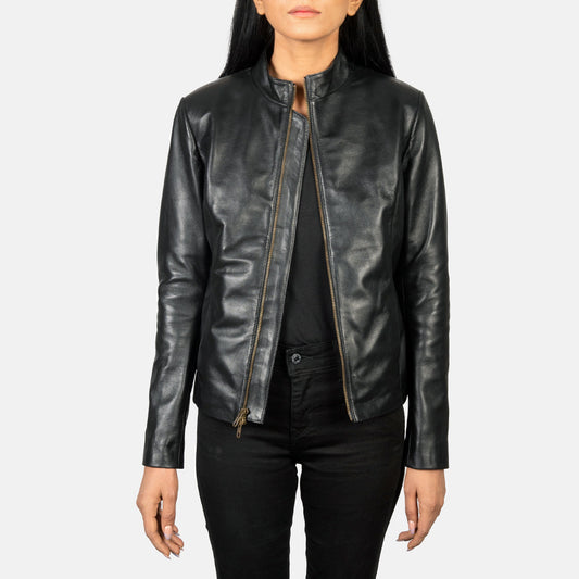 Front view of the Rumella Black leather biker jacket by Layzal Jackets.