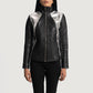 Lifestyle shot of the Alia metallic black leather biker jacket available at Layzal Jackets.