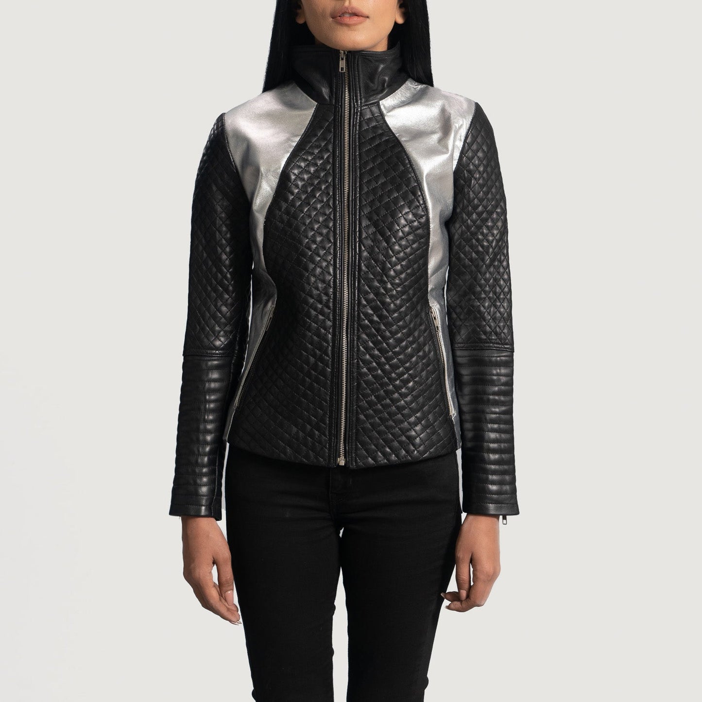 Lifestyle shot of the Alia metallic black leather biker jacket available at Layzal Jackets.