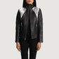 Front view of the Alia metallic black leather biker jacket by Layzal Jackets.