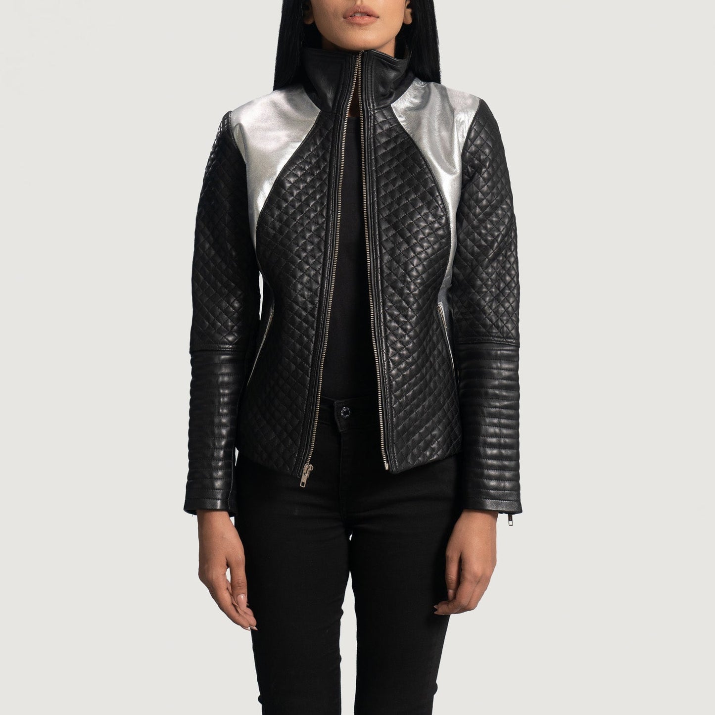 Front view of the Alia metallic black leather biker jacket by Layzal Jackets.
