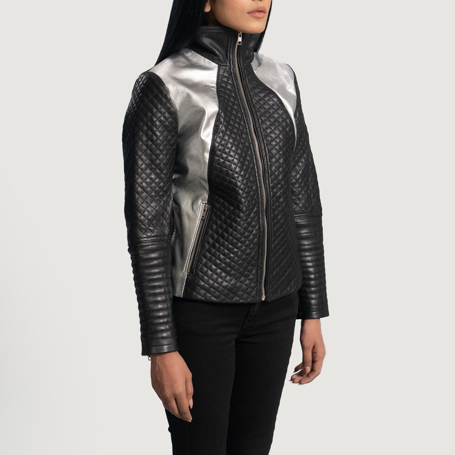 Back view of the Alia metallic black leather biker jacket from Layzal Jackets.
