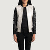 Three-quarter view of the silver and black leather varsity bomber jacket, highlighting its athletic silhouette and sleek zipper closure.