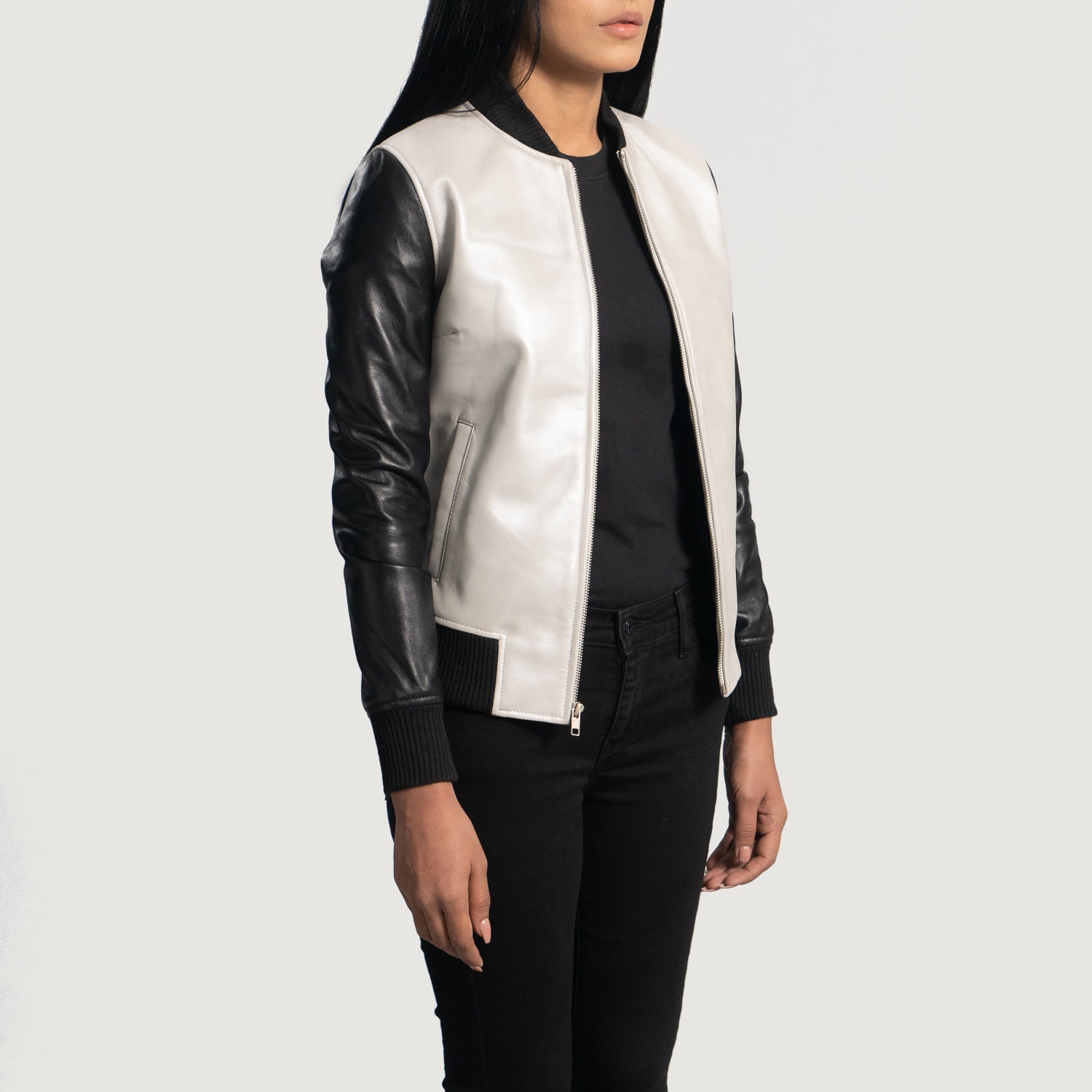 Full back view of the silver sheepskin leather bomber jacket showing the clean tailoring and premium aniline finish.