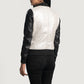 Close-up of the black ribbed knit cuff and a functional side pocket on the silver sheepskin bomber jacket.