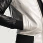 Detail shot of the black knit rib varsity collar and heavy-duty front zipper closure on the silver leather jacket.