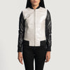 Front view of the Cole silver leather bomber jacket featuring black knit rib varsity collar, cuffs, and hem against a moody workshop background.