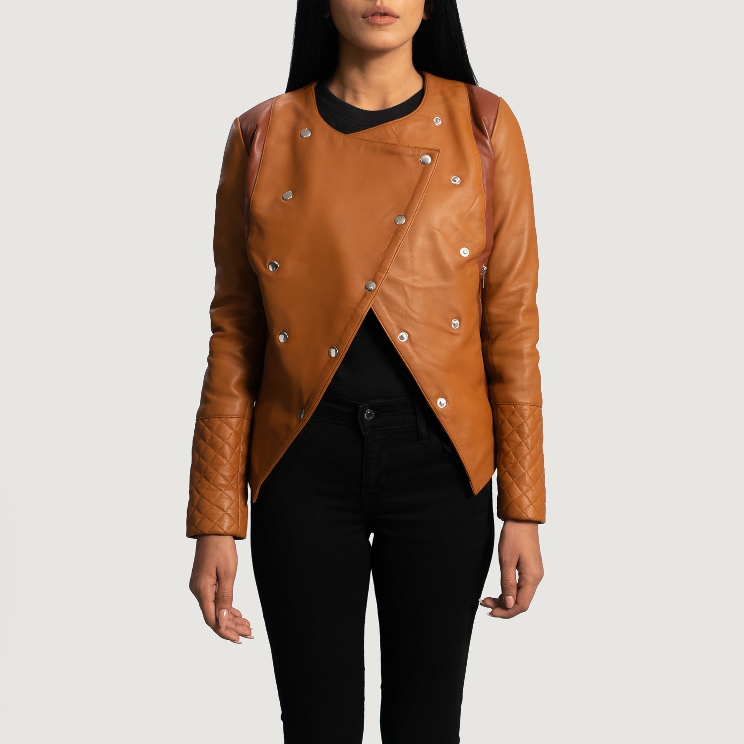 Lifestyle shot of the County Tan overlap leather jacket available at Layzal Jackets.