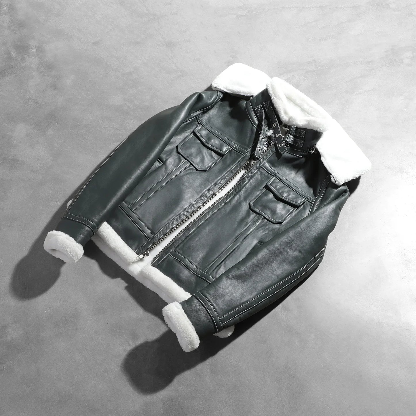 Interior view of the Fiona leather jacket highlighting the fully lined, plush faux fur inner shell for maximum warmth.