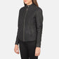 Black leather jacket worn by a person on a white background