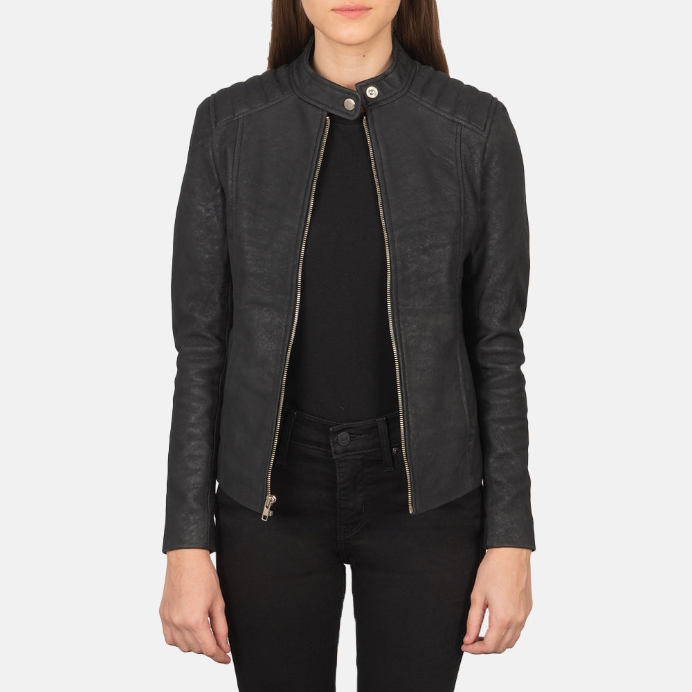 Front view of the Kelsee Distressed Black leather biker jacket by Layzal Jackets.