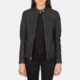 Front view of the Kelsee Distressed Black leather biker jacket by Layzal Jackets.