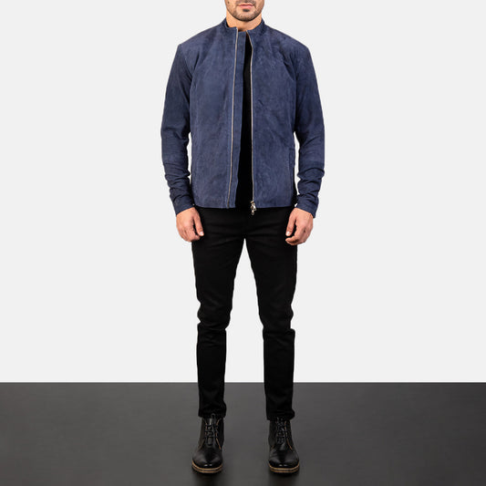Charcoal Navy Blue Suede Biker Jacket
