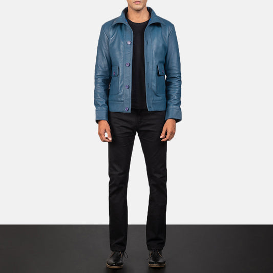 Columbus Blue Leather Bomber Jacket