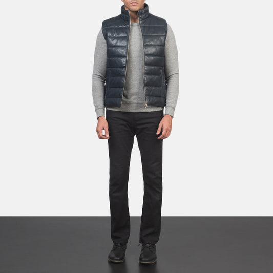 Reeves Blue Leather Puffer Vest