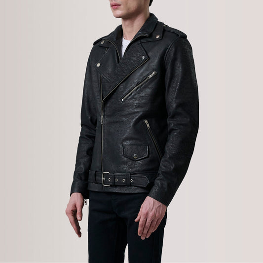 Black leather jacket worn by a person on a plain background