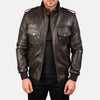 Man wearing a brown leather jacket on a white background
