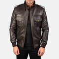 Man wearing a brown leather jacket on a white background