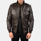 Man wearing a brown leather jacket on a white background