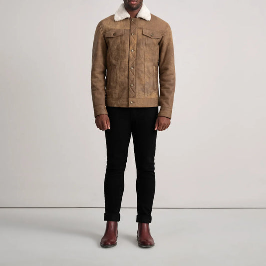 Dallis Distressed Brown Leather Shearling Trucker Jacket