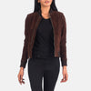 Cinematic side-angle view of the brown suede bomber jacket, capturing the rich earthy tones of the hide under soft, dappled lighting.