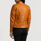 Macro view of the sleek collar design on the tan leather jacket.