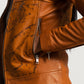 Detail of the luxurious quilted viscose lining inside the leather biker jacket.