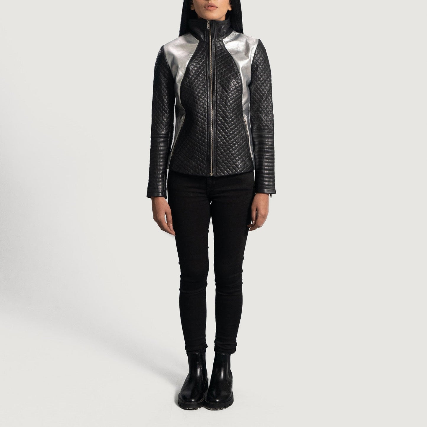 Lifestyle shot of the Alia metallic black leather biker jacket available at Layzal Jackets.