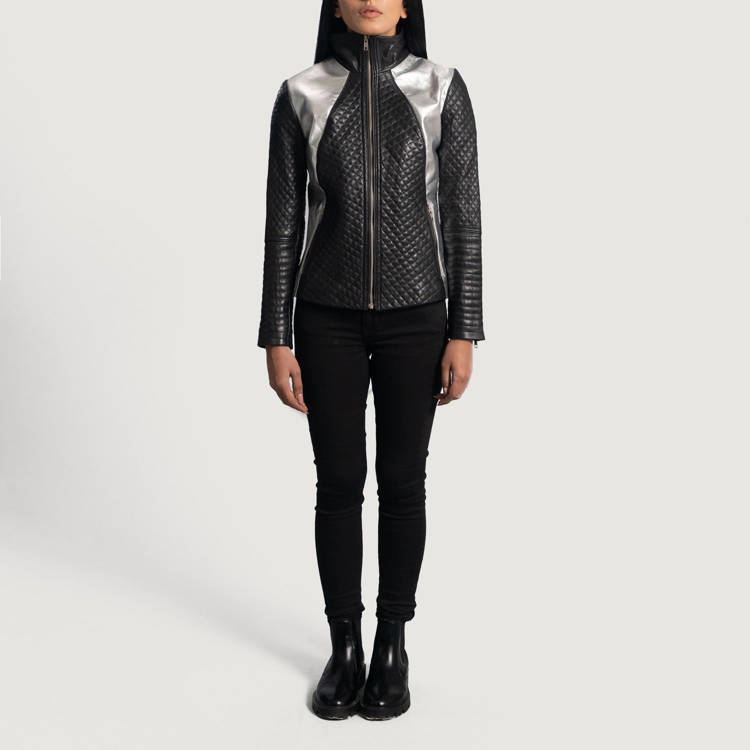 Lifestyle shot of the Alia metallic black leather biker jacket available at Layzal Jackets.