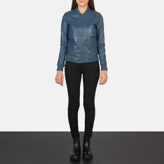 Bliss Blue Leather Bomber Jacket