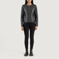 Lifestyle shot of the Elixir Black collarless leather jacket available at Layzal Jackets.