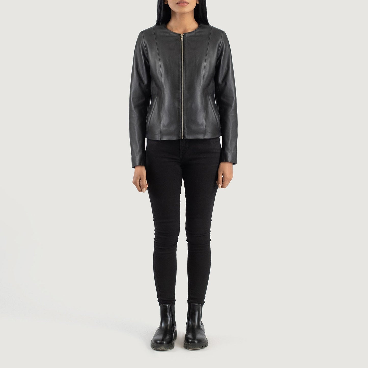Lifestyle shot of the Elixir Black collarless leather jacket available at Layzal Jackets.