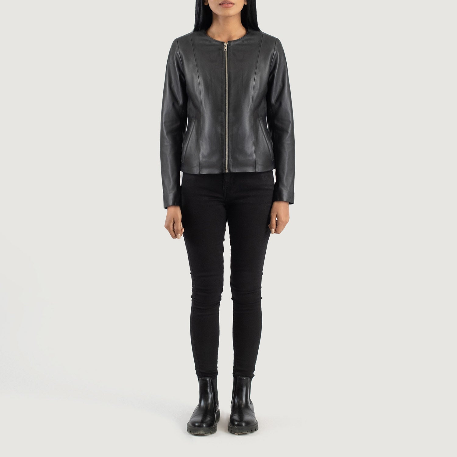 Lifestyle shot of the Elixir Black collarless leather jacket available at Layzal Jackets.