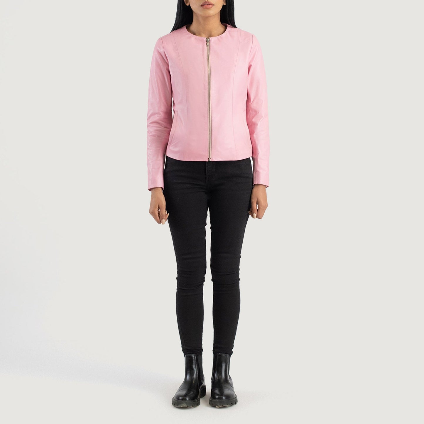 Lifestyle shot of the Elixir Pink collarless leather jacket available at Layzal Jackets.