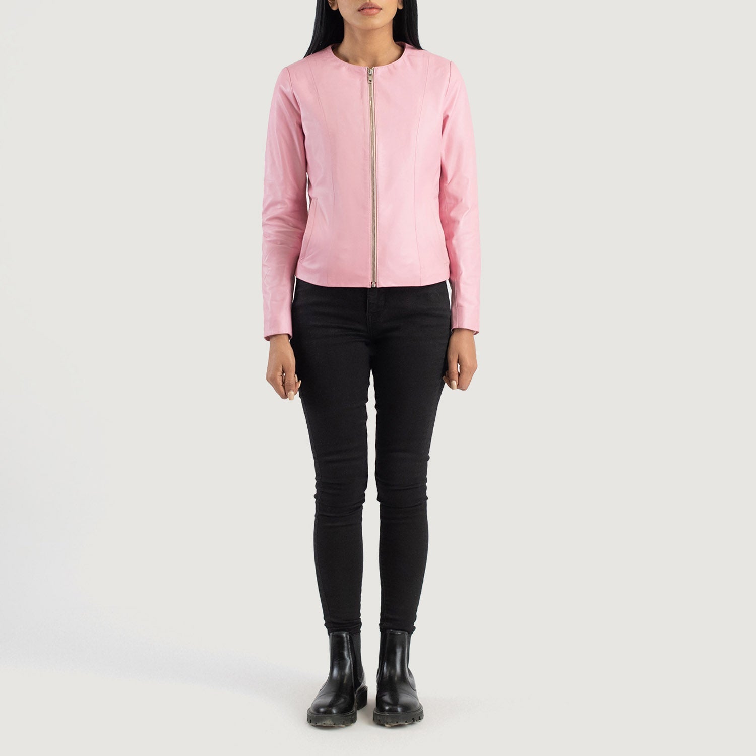 Lifestyle shot of the Elixir Pink collarless leather jacket available at Layzal Jackets.
