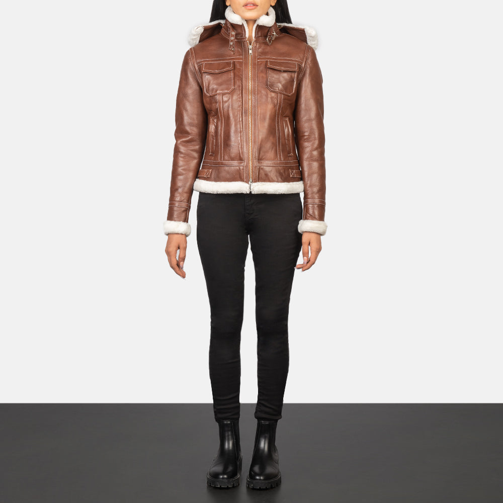 Detail of the fully faux fur lined interior inside the brown leather jacket.