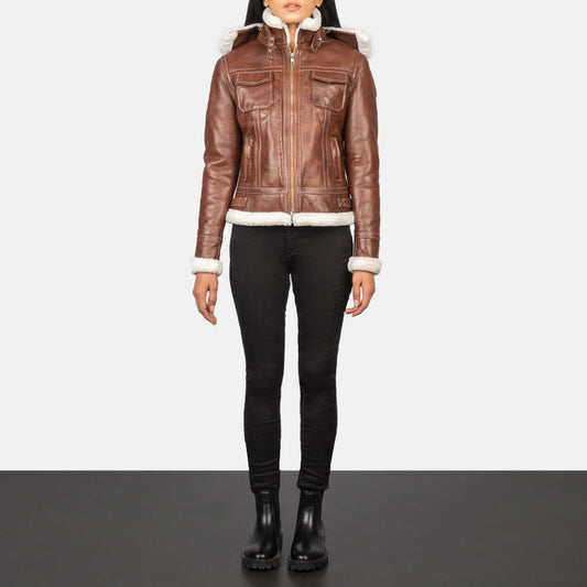 Detail of the fully faux fur lined interior inside the brown leather jacket.