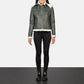 Full back view of the women's green sheepskin leather jacket showing the waist adjustment straps and clean tailored lines.