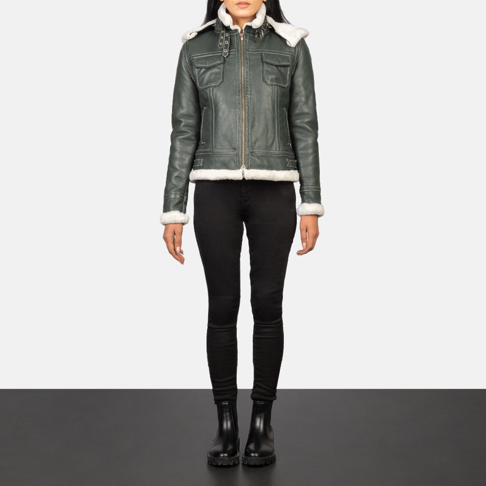 Full back view of the women's green sheepskin leather jacket showing the waist adjustment straps and clean tailored lines.