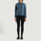 Lifestyle shot of the Luna Blue hooded leather bomber jacket available at Layzal Jackets.