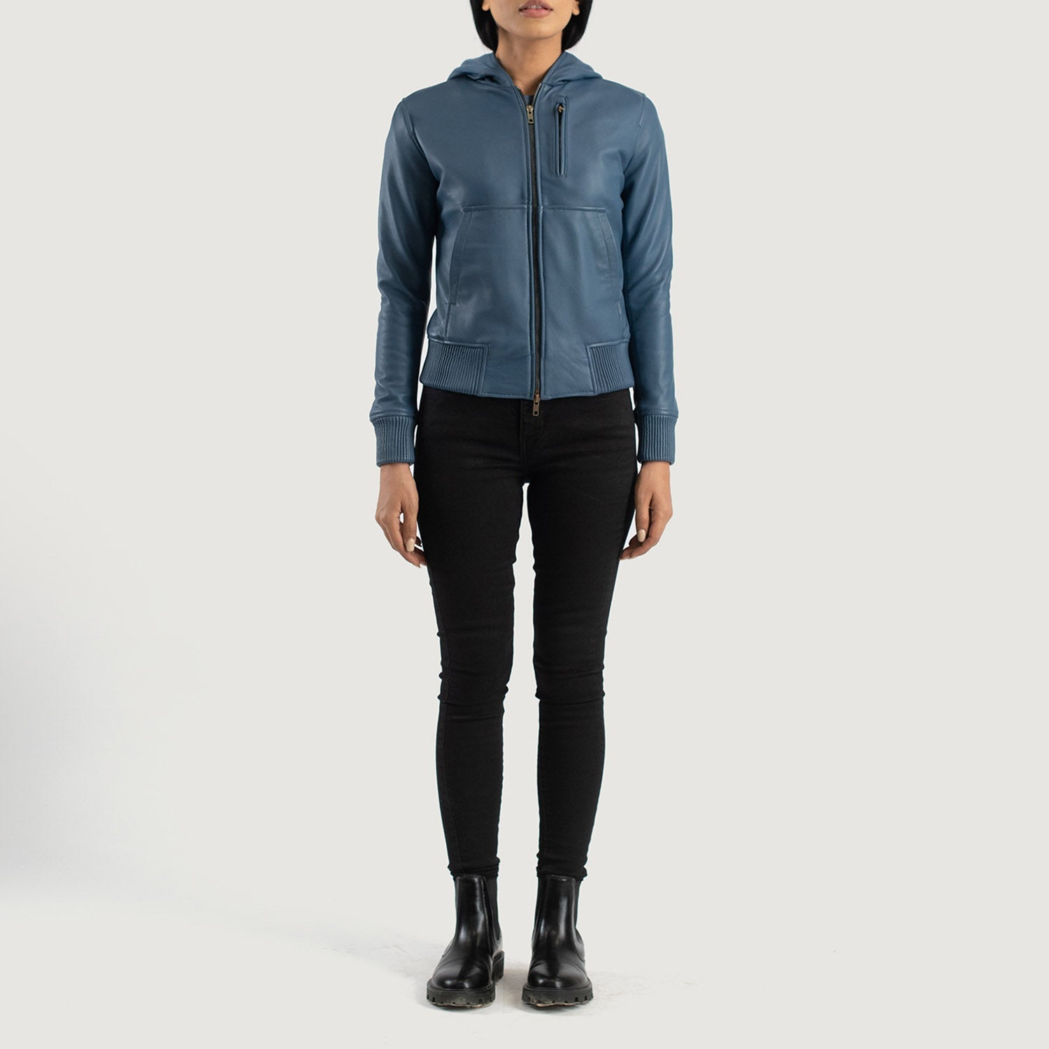 Lifestyle shot of the Luna Blue hooded leather bomber jacket available at Layzal Jackets.