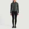 Three-quarter profile view of the green hooded leather jacket, highlighting its relaxed athletic silhouette and comfortable drape.
