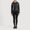 Three quarter profile view of the black hooded leather jacket, highlighting its relaxed athletic silhouette and comfortable fit.