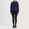 Three quarter profile view of the blue hooded suede jacket, highlighting its relaxed athletic fit and side pockets.