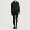 4. Close up of premium green goatskin suede texture on a hooded bomber jacket.