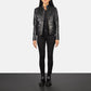 Lifestyle shot of the Rumella Black leather biker jacket available at Layzal Jackets.