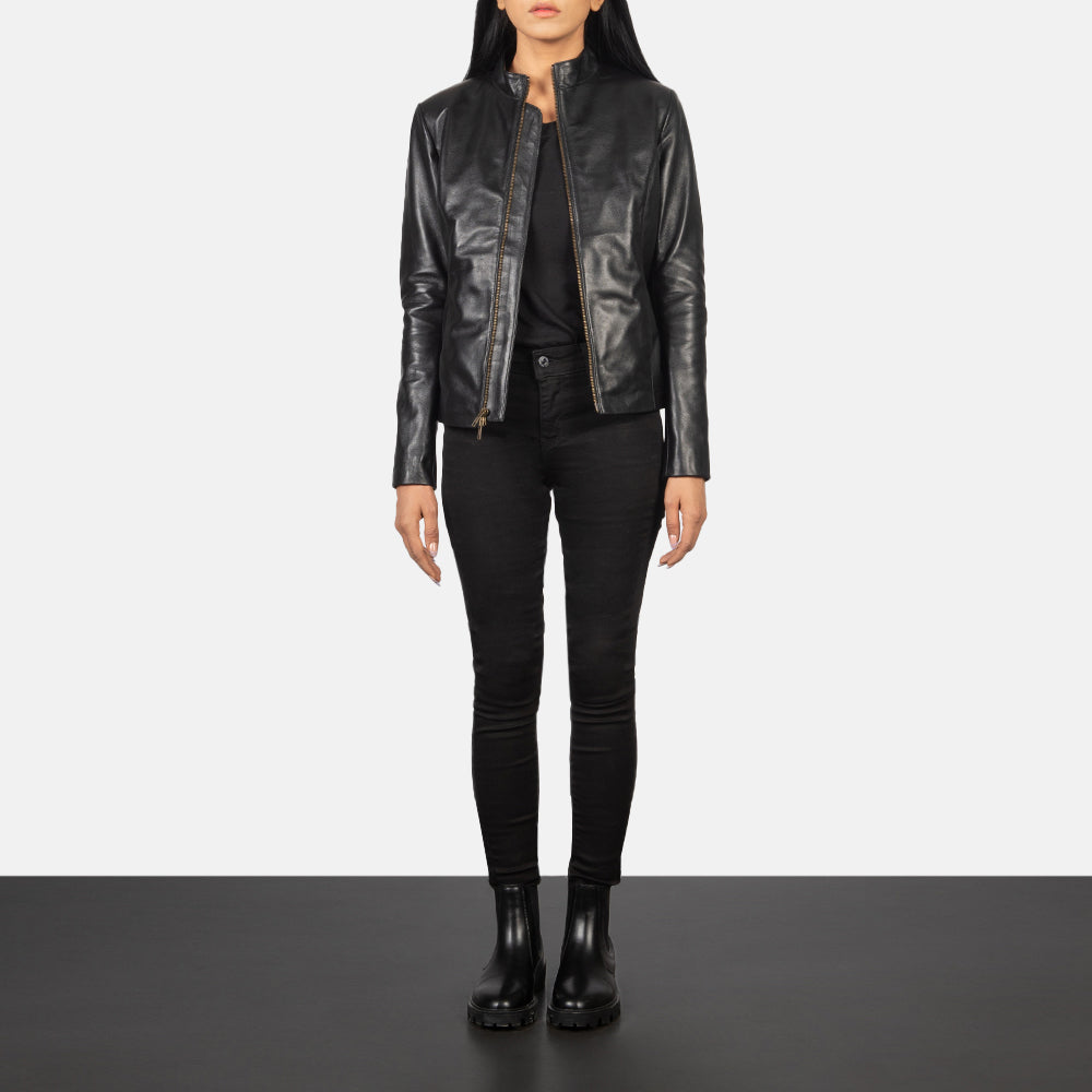 Lifestyle shot of the Rumella Black leather biker jacket available at Layzal Jackets.