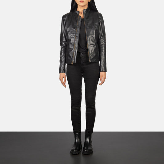 Lifestyle shot of the Rumella Black leather biker jacket available at Layzal Jackets.