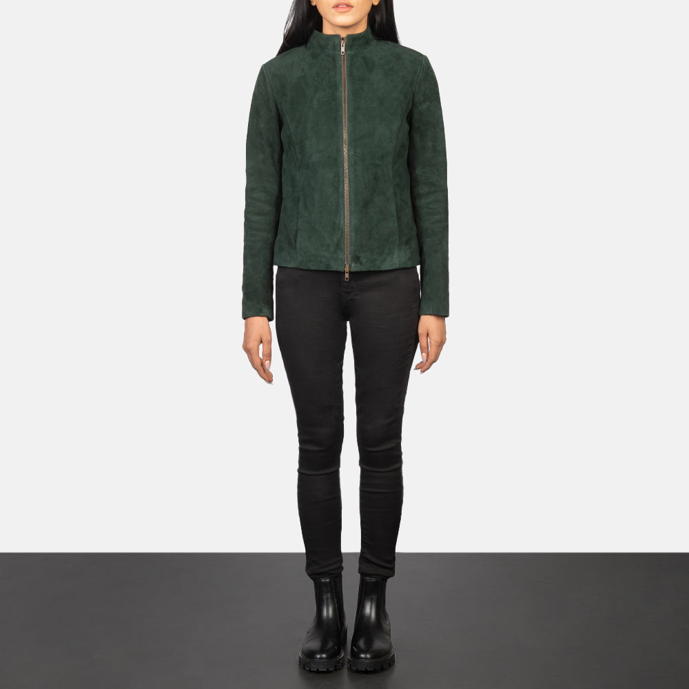 Lifestyle shot of the Rumella Green suede biker jacket available at Layzal Jackets.